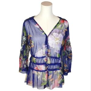 Johnny Was Blue Mazzy Floral Ruched Sheer Embroidered Blouse Top Size XS